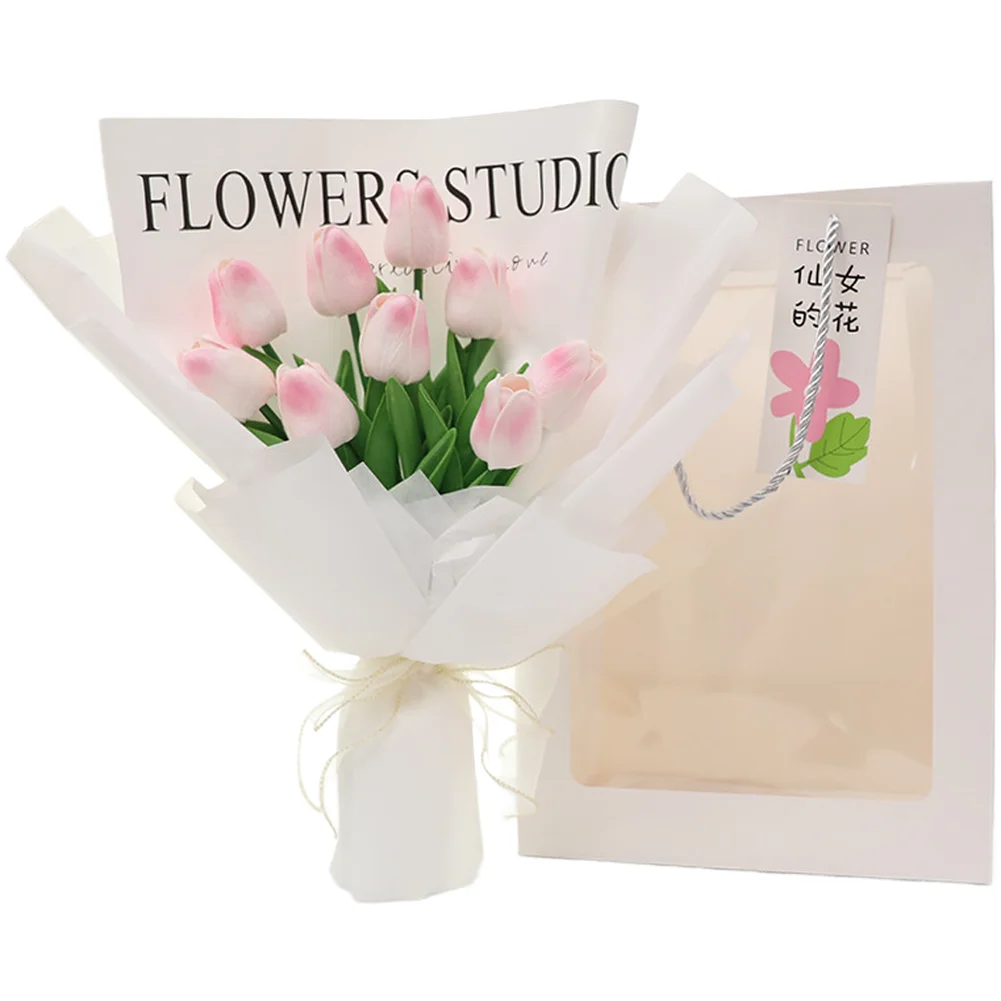 Korean Style Artificial Tulip Bouquet PU Flowers for Holiday Pink Red Blue 35cm Tall Windowed Tote Bag Korean Style