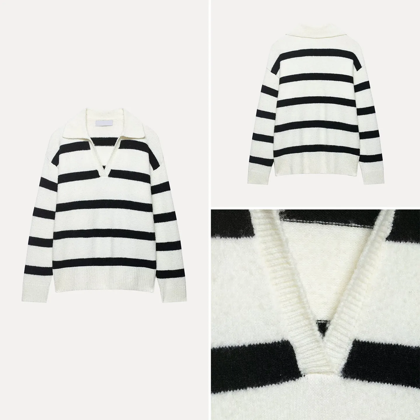 

Elegant Simple Black White Striped Long Sleeve Knitted Sweater for Women Winter 2025 New Arrival ZADATA Brand Regular Fit