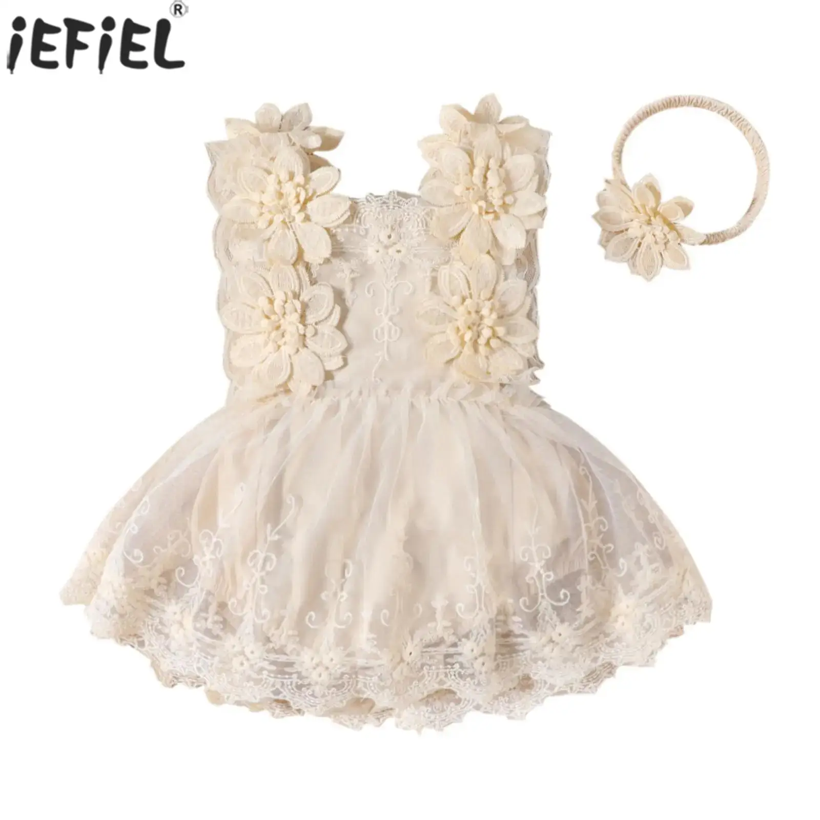 

Baby Infant Girls Flower Lace Tulle Romper Dress with Headband Sleeveless Floral Embroidery Birthday Party wedding banquet Dress