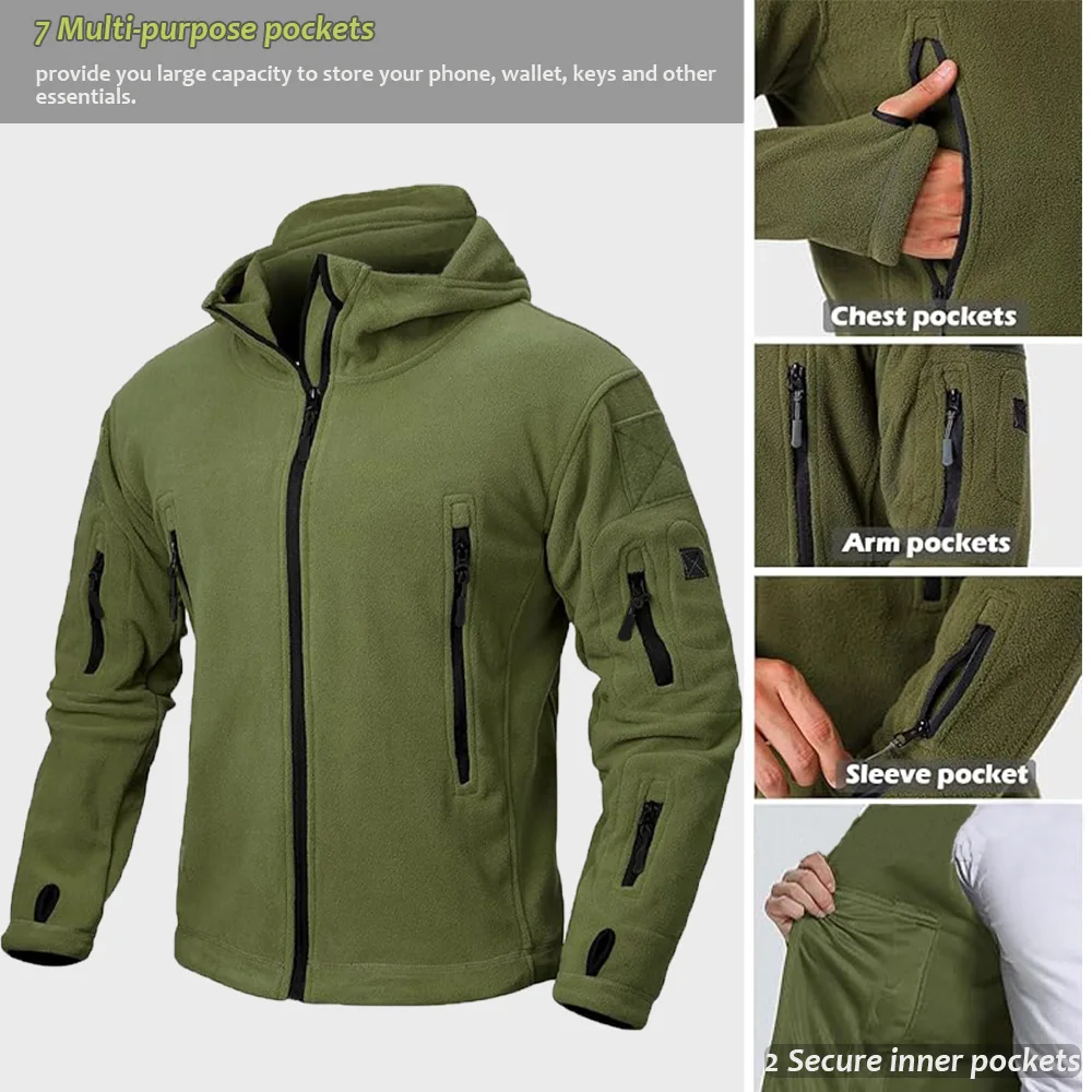 Mens Fleece Jacket Full Zip Tactical Hoodies Winter Coats Windproof Hoodies Warm Hunting Polar Fleece Outdoor Jackets Men