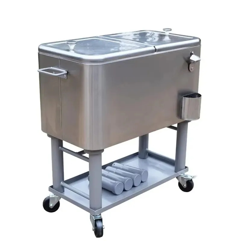 60Qt Stainless Steel Rolling Cooler for Party Beverage Ice Chest Portable Outdoor Camping Truck Freezer