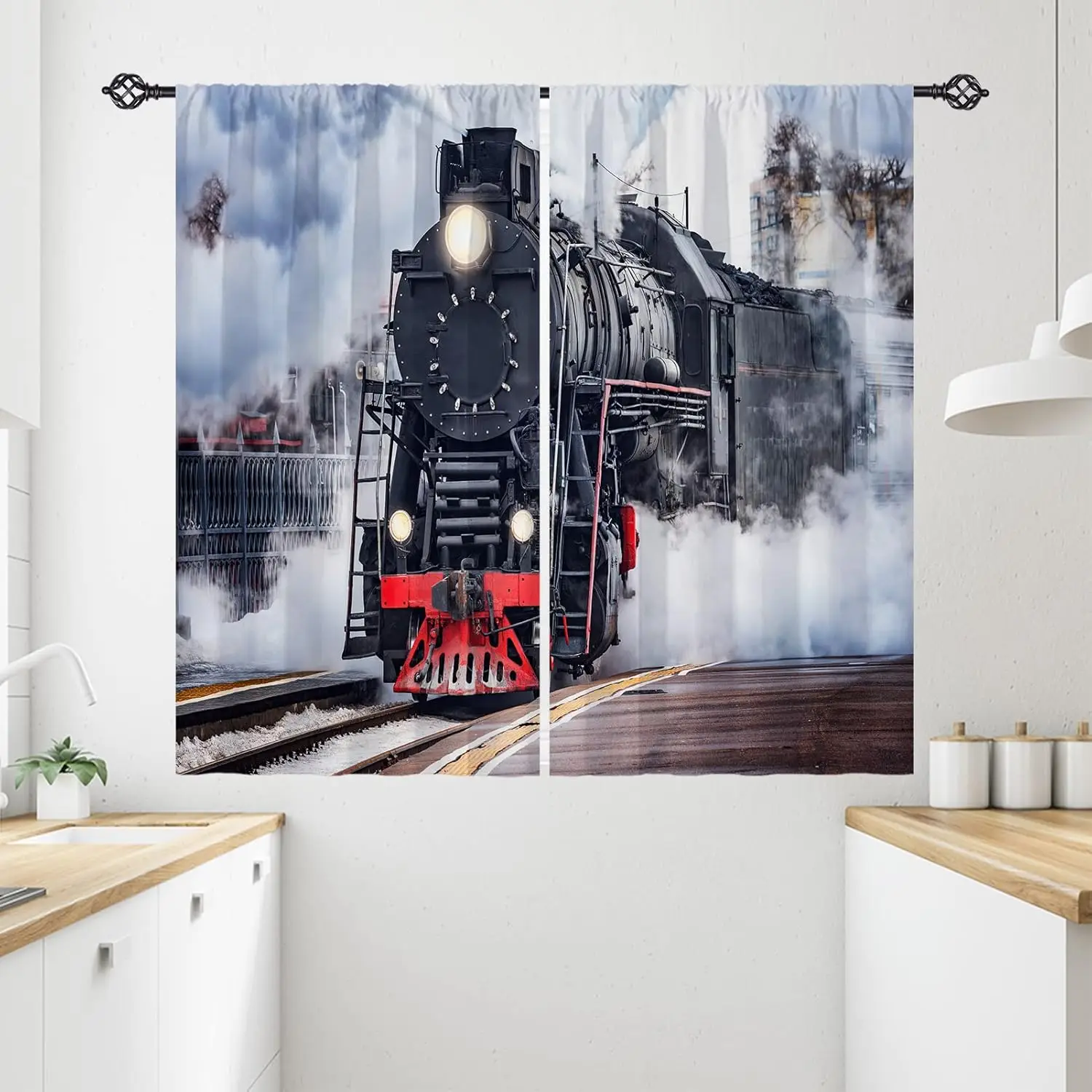 Steam Train Curtains Vintage Locomotive Print for Living Room Bedroom Window Industrial Decor