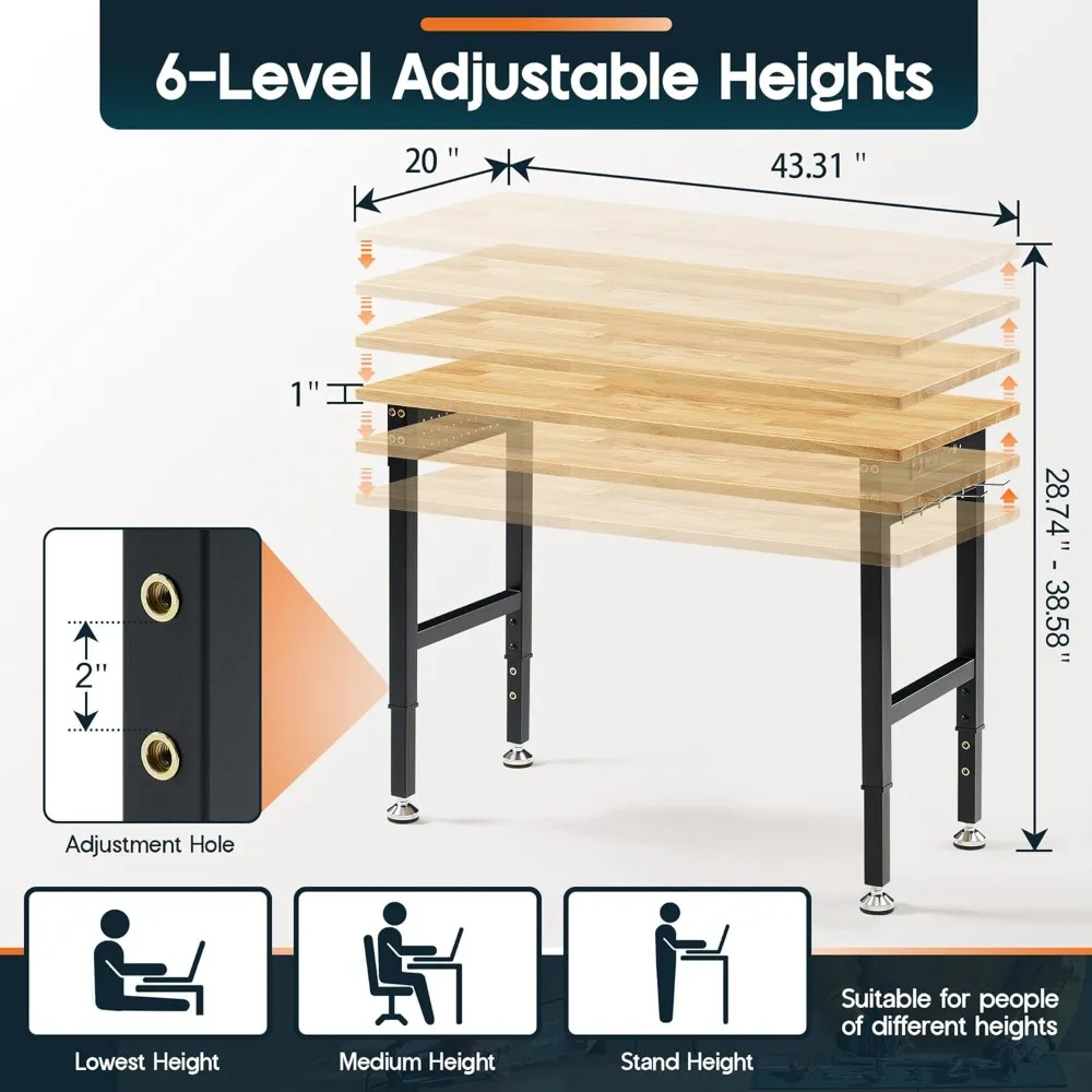 منضدة عمل قابلة للتعديل مقاس 44 × 20 مع منافذ طاقة، منضدة عمل خشبية شديدة التحمل بقوة 2000 رطل مع خطافات، سطح من الخشب المطاطي الصلب #5