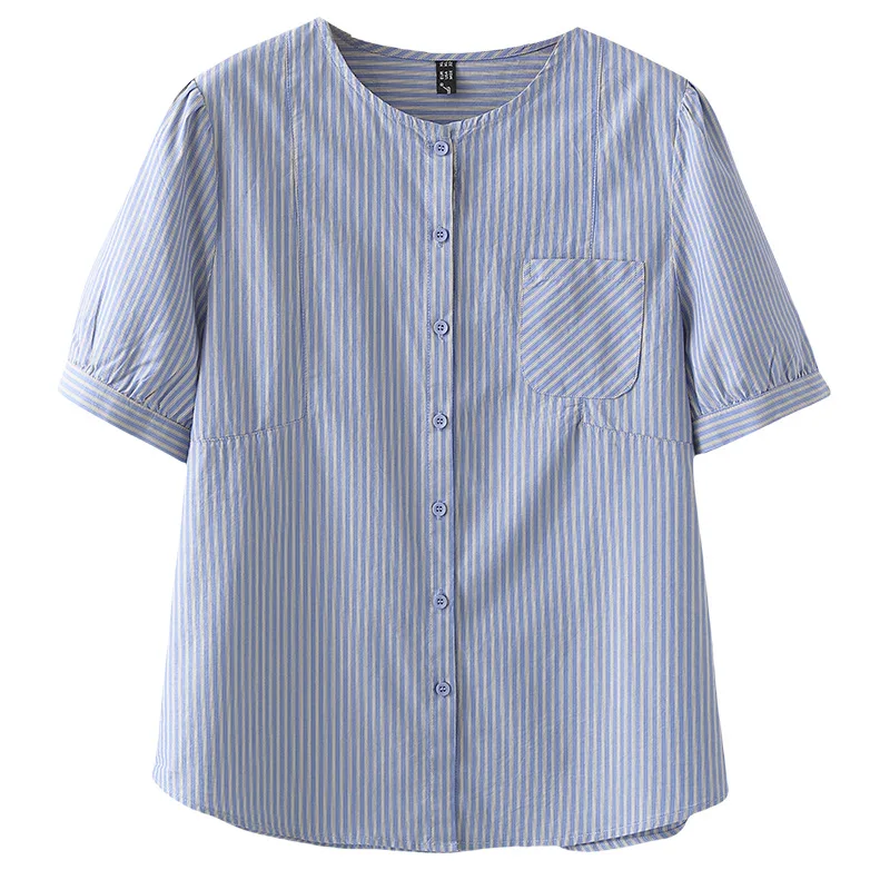 

Новая летняя рубашка с короткими рукавами, 100 кг, большие размеры, повседневная хлопковая полосатая блузка без воротника, топ 2520