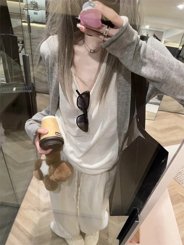 

Slimming ey Loose Knitted Top Women's Casual Early Autumn Thin Cardigan Bla Loose Fit Faionable Ci Walk Inner Wear