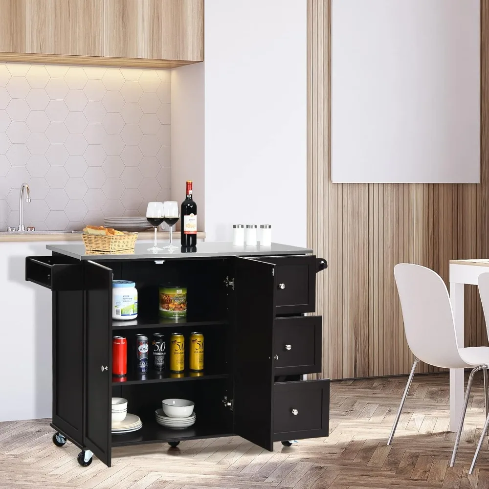 جزيرة مطبخ دوارة من الفولاذ المقاوم للصدأ مع مساحة تخزين وأدراج ورف توابل #2