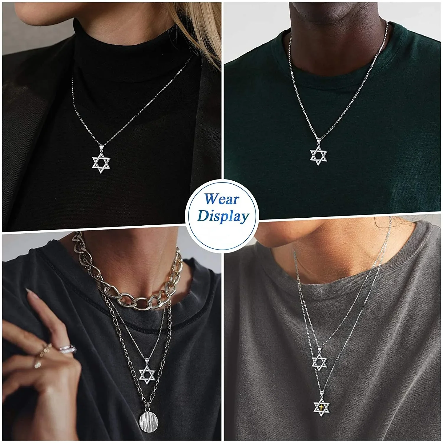 U7 925 فضة نجمة داود القلائد للنساء الصليب السداسية قلادة قلادة المجوهرات اليهودية الدينية هدية لها