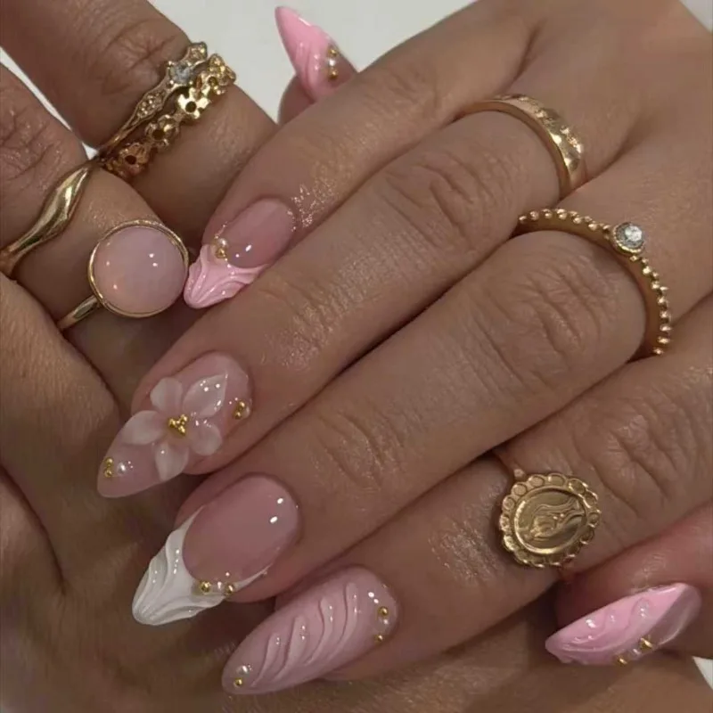 24 piezas de uñas postizas rosas francesas con decoración de flores 3D, en forma de almendra, acrílicas, artificiales, reutilizables, para uñas 2