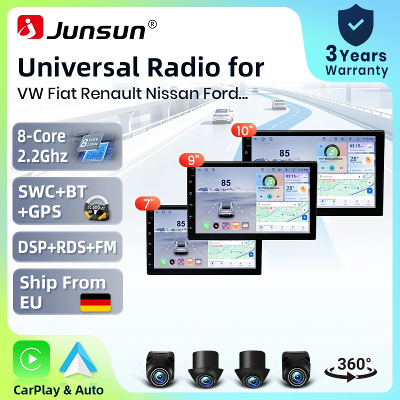 Autoradio universel Junsun 7 9 10" Android 15 avec système stéréo intelligent pour VW, Fiat, Renault, Nissan, Peugeot, Ford, Hyundai, Kia, Honda, Toyota, caméra 360°, CarPlay sans fil, écran tactile IPS, lecteur multimédia vidéo, GPS, Mirror Link, Bluetooth, FM.