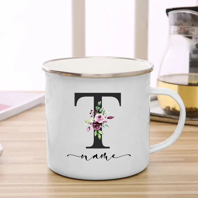 26 iniziali Black Letter Purple Flower Print tazza smaltata tazze da caffè Creative tazza da viaggio regali personalizzati Cupshe bicchieri tazze