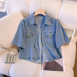 Short Sleeved Denim Jacket for Women Summer Thin 2024 New Loose Casual Versatile Short Shirt Jacket Top Lapel Clothes