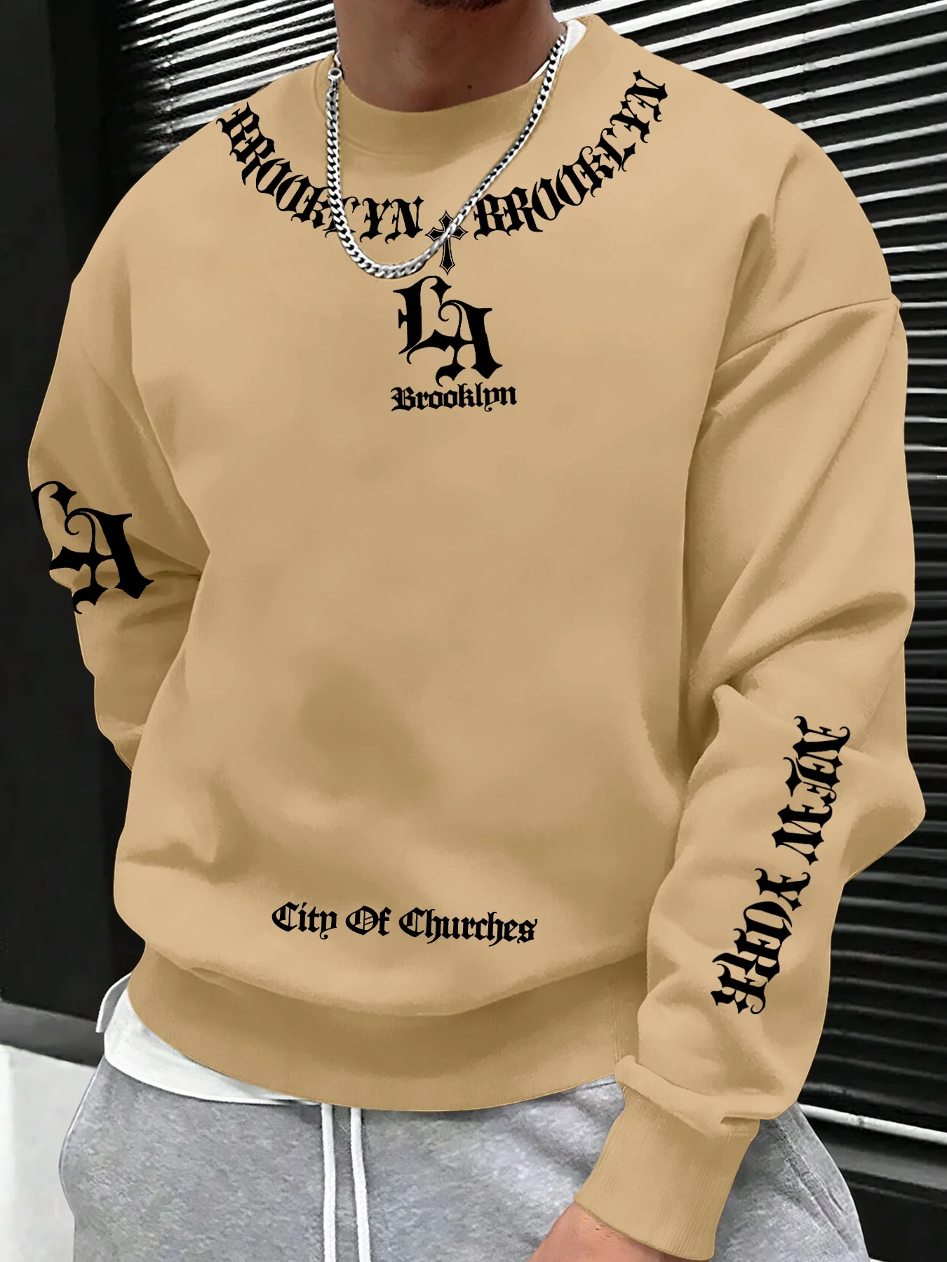 Übergroßer Herren-Sweatshirt mit überschnittenen Schultern, Brooklyn Gothic Slogan Textdruck, Street Pullover – Detail 8