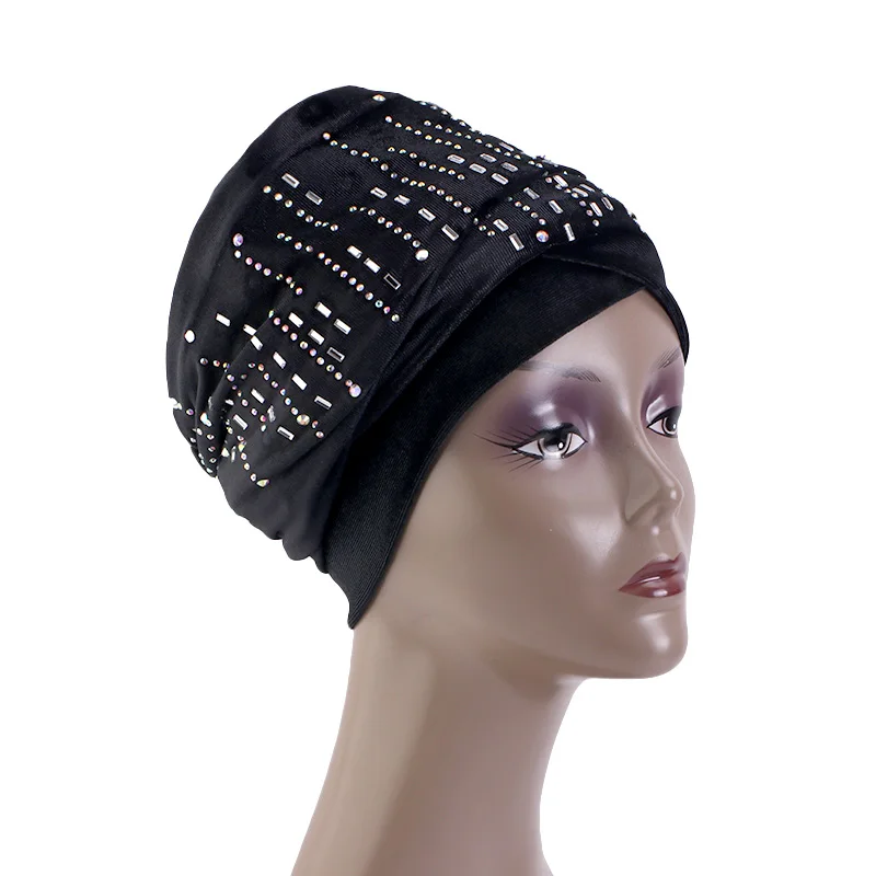 Women Rhinestone Velvet Long Turban Muslim Head Scarf Hat Islamic Under Scarf Bonnet Ladies African Wrap Head Scarves Bonnet