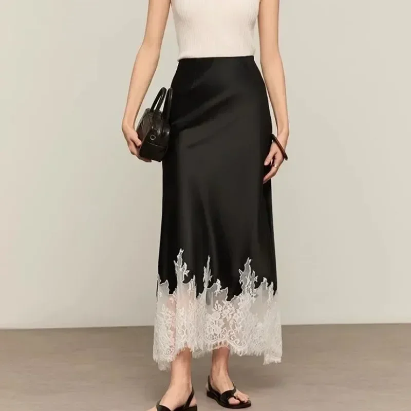 Spódnica midi z koronkowym wykończeniem, elegancka, kopertowa, długa, na imprezę, trendy mody 2025, letnia odzież damska.