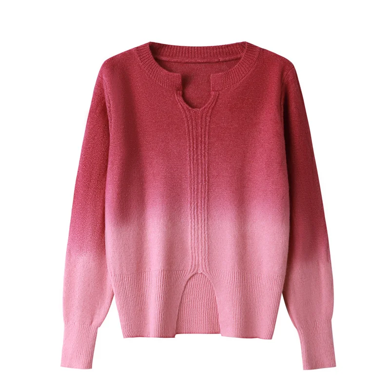 French elegant gradient color V-neck ladies knitted sweater autumn long sleeve gentle fashion pullover short sweater