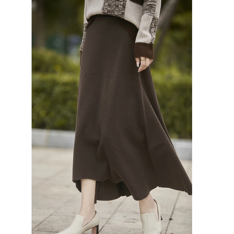 

New High Quality Wool Knitted Irregular Skirt Women Autumn/Winter One Size High Waist Elasticity Mid-Long Asymmetry Solid Skirt