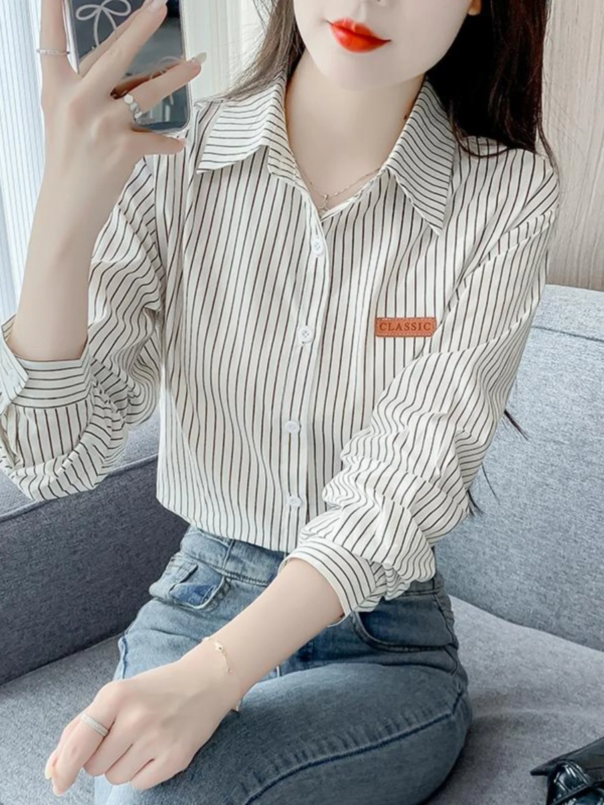 

Модная женская рубашка в полоску с длинным рукавом, новинка весенней коллекции, свободный универсальный шикарный топ в корейском стиле для повседневной носки
