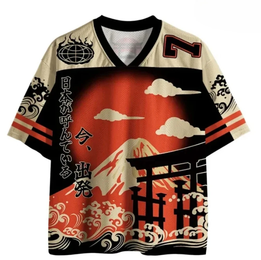 T-shirt à col en V pour homme, impression 3D de vagues et portail Torii du mont Fuji, style Ukiyo-e japonais, séchage rapide, décontracté, streetwear, vêtements parent-enfant