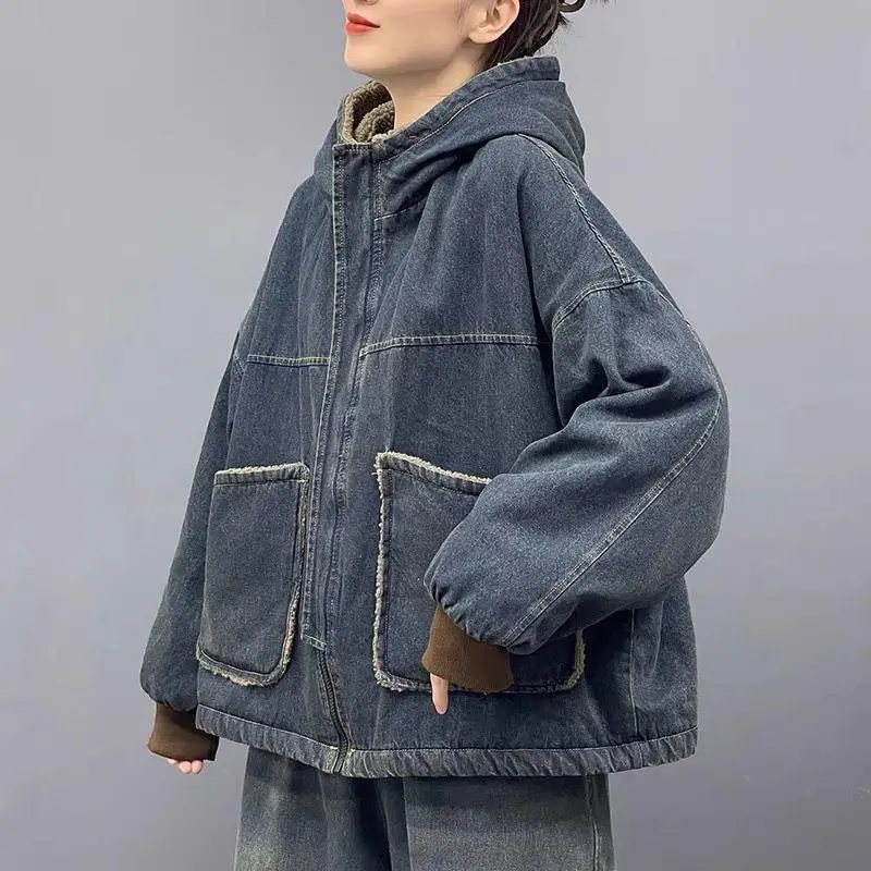 

Винтажное джинсовое хлопковое джинсовое пальто с капюшоном, женская верхняя одежда, ветрозащитное зимнее пальто на подкладке из искусственного меха, универсальные синие джинсы Sli