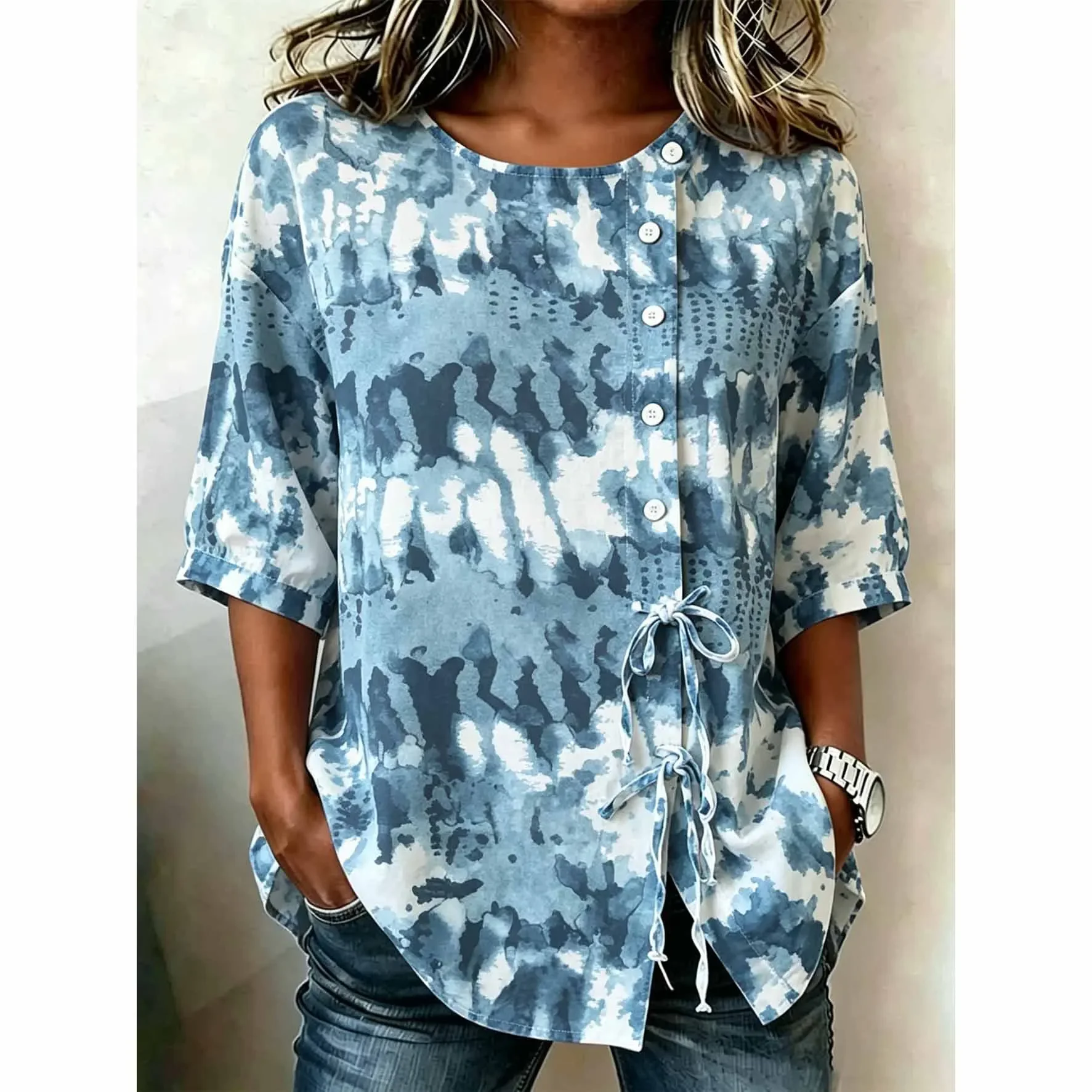 

Women Blue Tie Dye Side Tie Half Sleeve Blouse