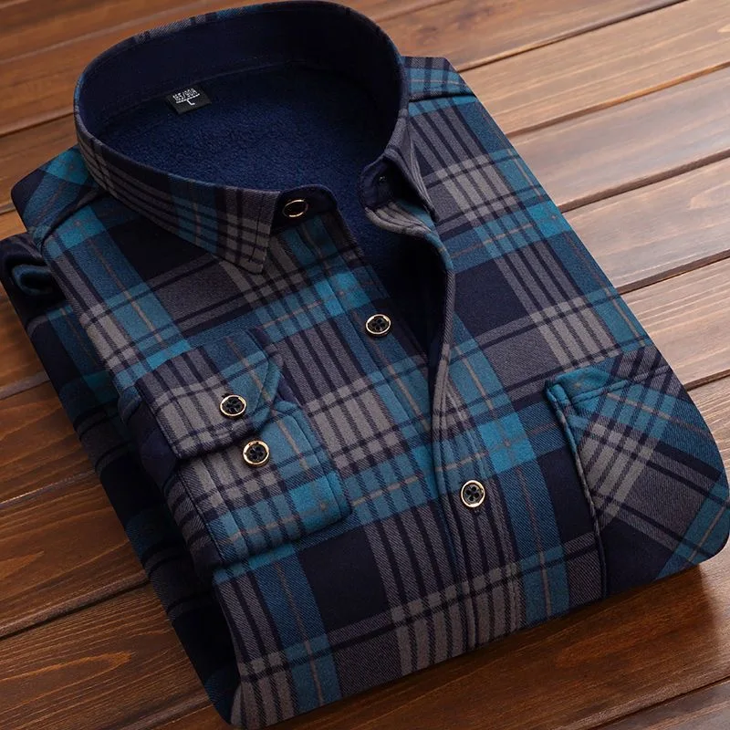 2023 Autumn and Winter New Men\'s Classic Fashion Casual Plaid Long-Sleeved Shirt Men\'s Plus Fleece Thickened High-Quality Shirt