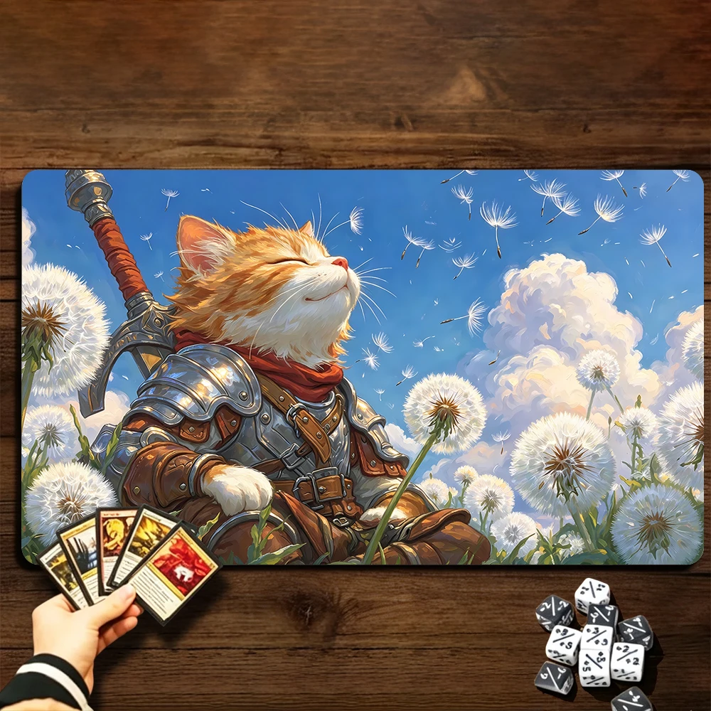 Glamorous Cat Warrior TCG Playmat Magic Playmat Gathering Gaming Mat with Stitched Edge Anti-slip base 60X35cm Trading Card Game