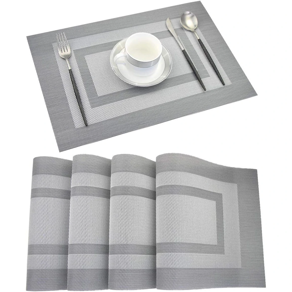 4-teiliges Graues Hitzebeständiges Rutschfestes Tischset für Esstische, Waschbare Langlebige Vinyl-Gewebte Platzdeckchen, PVC-Tischmatten-Set
