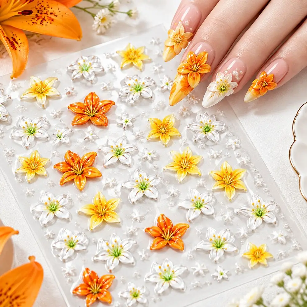 1Pc New Arrival 5D Lily Flower Nail Art Stickers Embossed Self Adhesive Floral Decals Sliders for Acrylic Nails Manicure Trendy