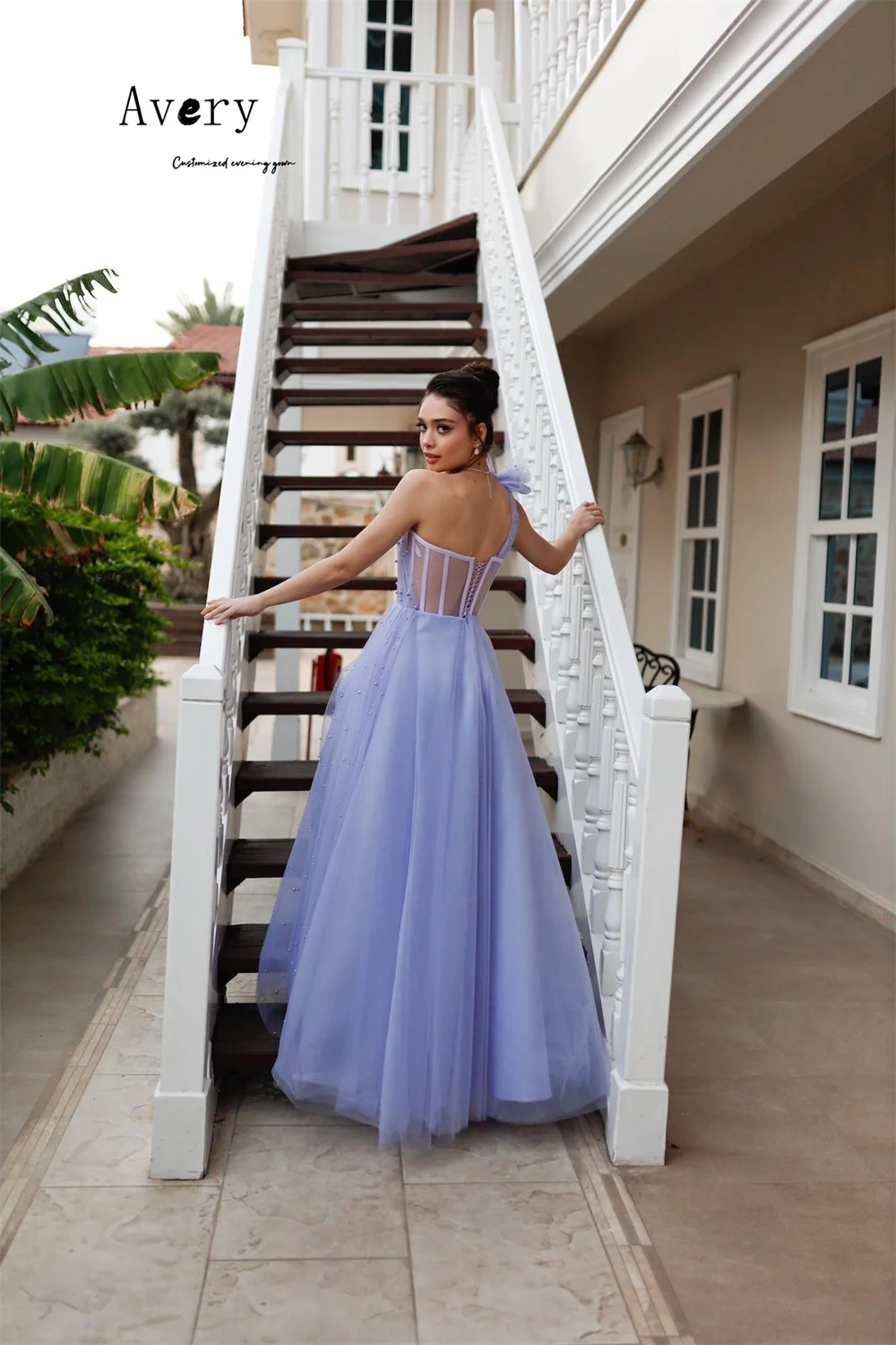 에이버리 커스텀 퍼플 슬리브리스 A라인 사이드 슬릿 우아한 이브닝 드레스 여성용 럭셔리 이브닝 드레스 2025 롱 프롬 드레스