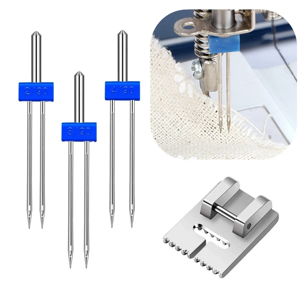 2/3/4mm Twin Needles + Wrinkled 9 Grooves Presser Foot for Brother Singer Sewing Machine - Accessories