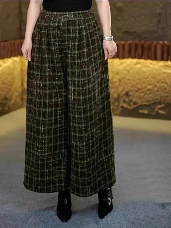 

Thiened шерстяные широкие брюки с высокой талией в клетку в стиле ретро с эластичной резинкой на талии, теплые утягивающие повседневные зимние брюки для женщин больших размеров