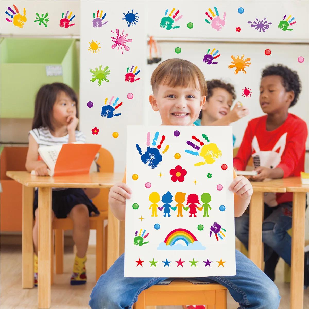 2 Sets Colorful Crayon Handprint Wall Stickers for Kids Room Rainbow Star Paint Splat Wall Decals DIY Art Decor