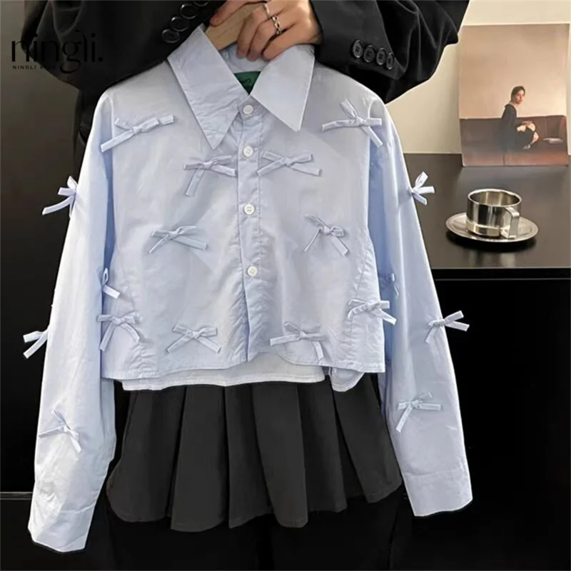 

Girls' Bowknot Shirt Spring and Autumn New Trendy Children's Casual Spring Outfit Short Shirt for Girls Stylish