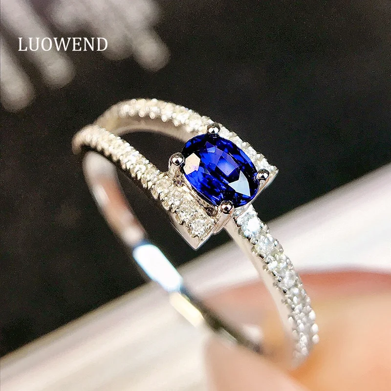 LUOWEND 100% 18K White Gold Rings Luxury Diamond Natural Sapphire Engagement Ring for Women Elegant Design High Party Jewelry