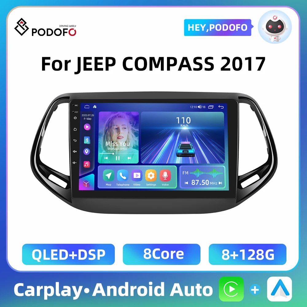 Podofo 10.1'' 8Core Car Radio For JEEP COMPASS 2017 Multimedia Player GPS Navigation Carplay Android Auto WIFI 4G Car Stereo