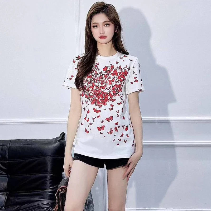 Brand New Woman’s Fashion T Shirt Red Butterfly Print Front And Back European Style Summer Casual Clothes White Blouse Tee Tops