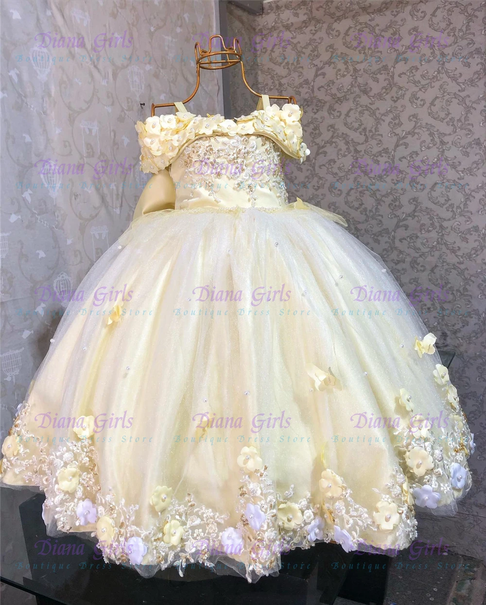 Luxuriöses, hochwertiges gelbes Perlen-Applikations-Blumenmädchenkleid, kleine Prinzessin für Hochzeiten, Ballkleider, Geburtstagsfeiern, Abendkleider