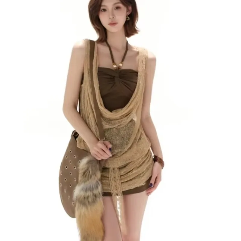 เสื้อผ้าผู้หญิงเซ็กซี่ 2 ชิ้นชุดลูกไม้พับ SMOCK SLIM FIT Backless แฟชั่น Bodycon มินิเดรสชุด Roupas Femme ฤดูร้อนชุด