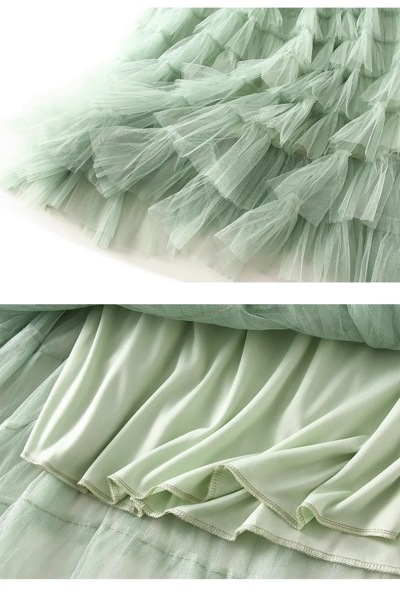 HOT Solid Multilayer Ruffle Mesh Skirt Women Boho High Waist Long Maxi Tulle Skirt Spring Summer Party Women's Clothing