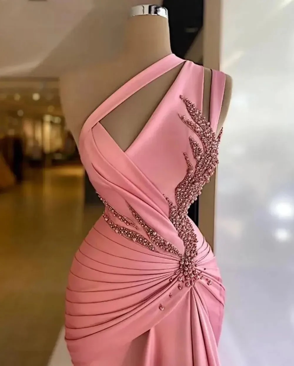 Customized Pink Satin Mermaid Evening Dresses Pleat Prom Party Gown Formal Zipper Plus Size Beaded One-Shoulder robes de soirée image 3