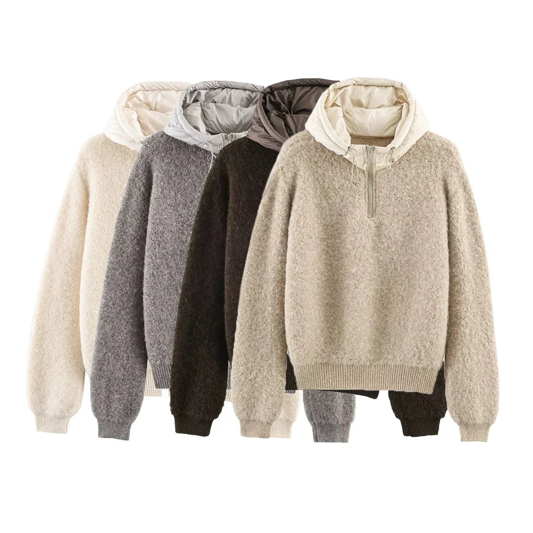 เสื้อคลุมไหมพรมถักแบบมีฮู้ดสำหรับผู้หญิง ฤดูใบไม้ร่วง ฤดูหนาว แขนยาว แต่งขนวงกลม ซิปหน้า ผ้าโพลีเอสเตอร์ แบบเปิด