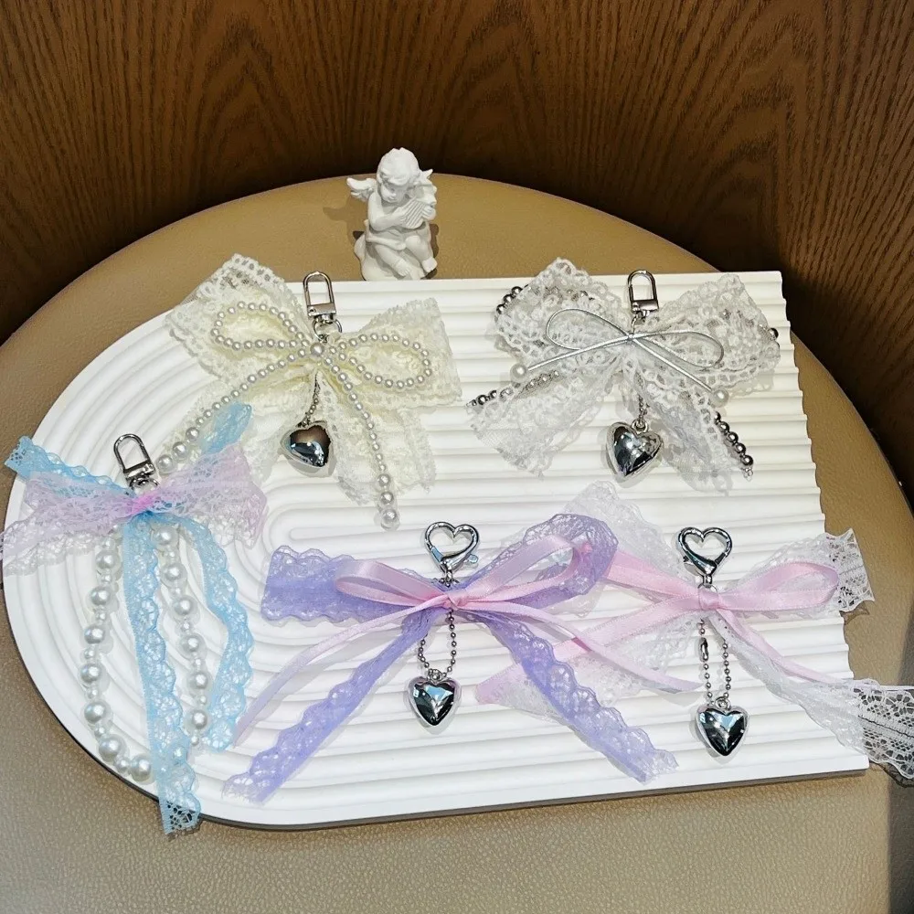 New Y2K Pearl Bow Keychain Metal Chain Delicate Beaded Lace Bow Keychain Keyring Bag Accessory