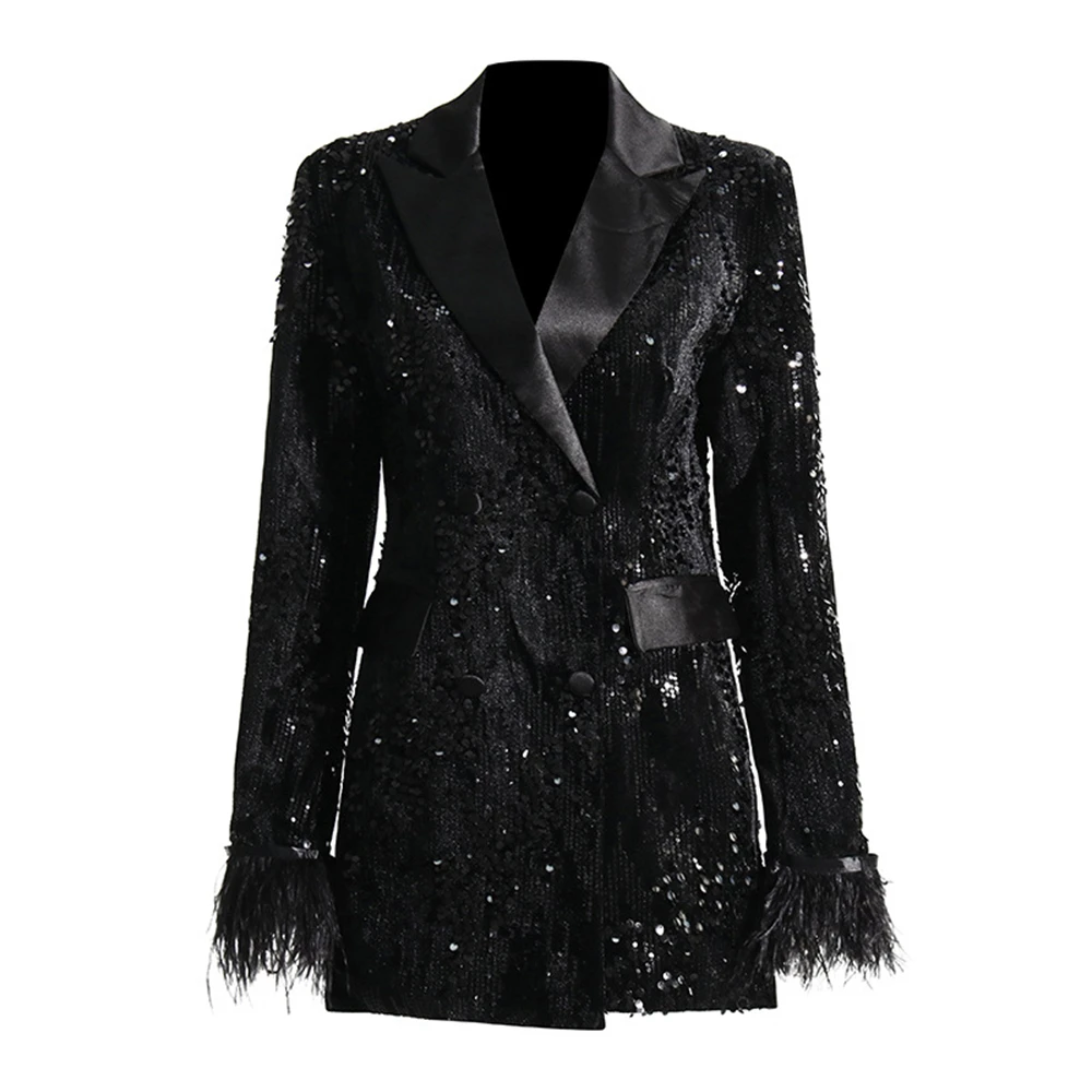 New Sequined Women Stylish Suit Jacket Long Sleeves with Feathers Double Breasted Fashionable Suit Blazer High-end