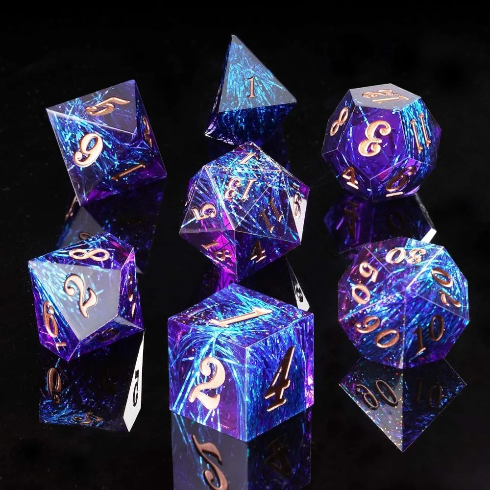 

7PCS Resin Fluid Dice Set Blue Green Purple D4 D6 D8 D10 D12 D20 Sharp Corner Dice Polyhedral Dice For Table Games For D&d DND