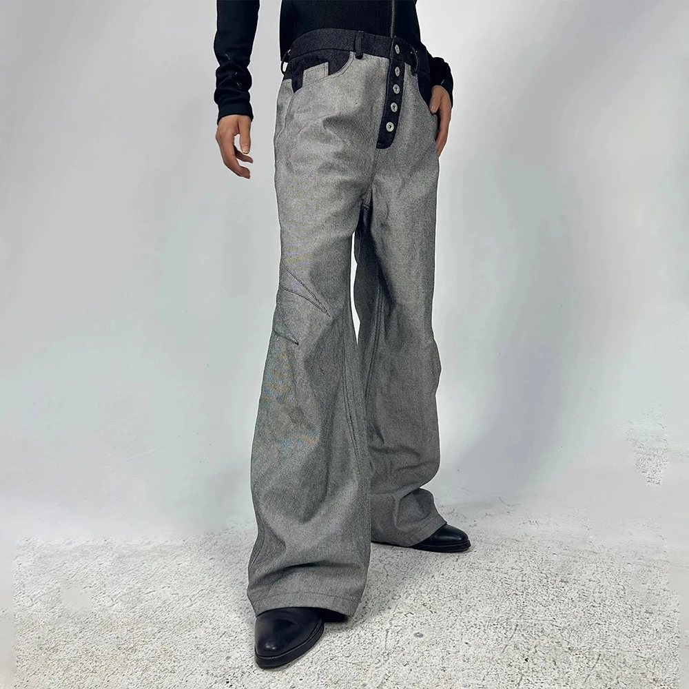 

Mens Y2k Washed Denim Jeans Button Design Casual Pants Streetwear Fashion Youth Versatile Color Blocked Wide Leg Pant Men'S Wear