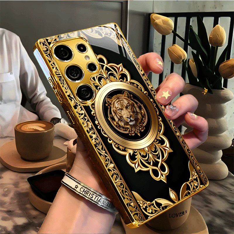 Golden animal avatar pattern glass phone case suitable for Samsung Galaxy S26 S25 S24 S22 S21 S20 FE/Ultra/Plus hard case