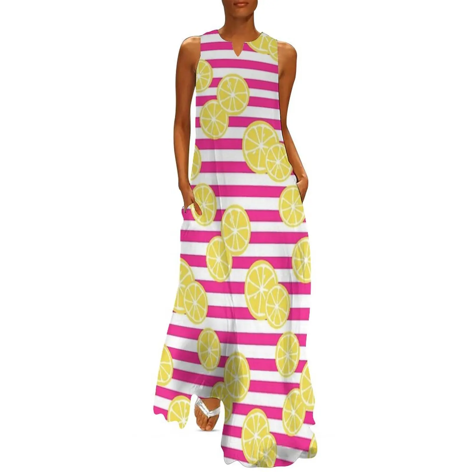 

Lemons on pink and white striped background Long Dress african dresses for woman Woman's evening dress summer women's suit