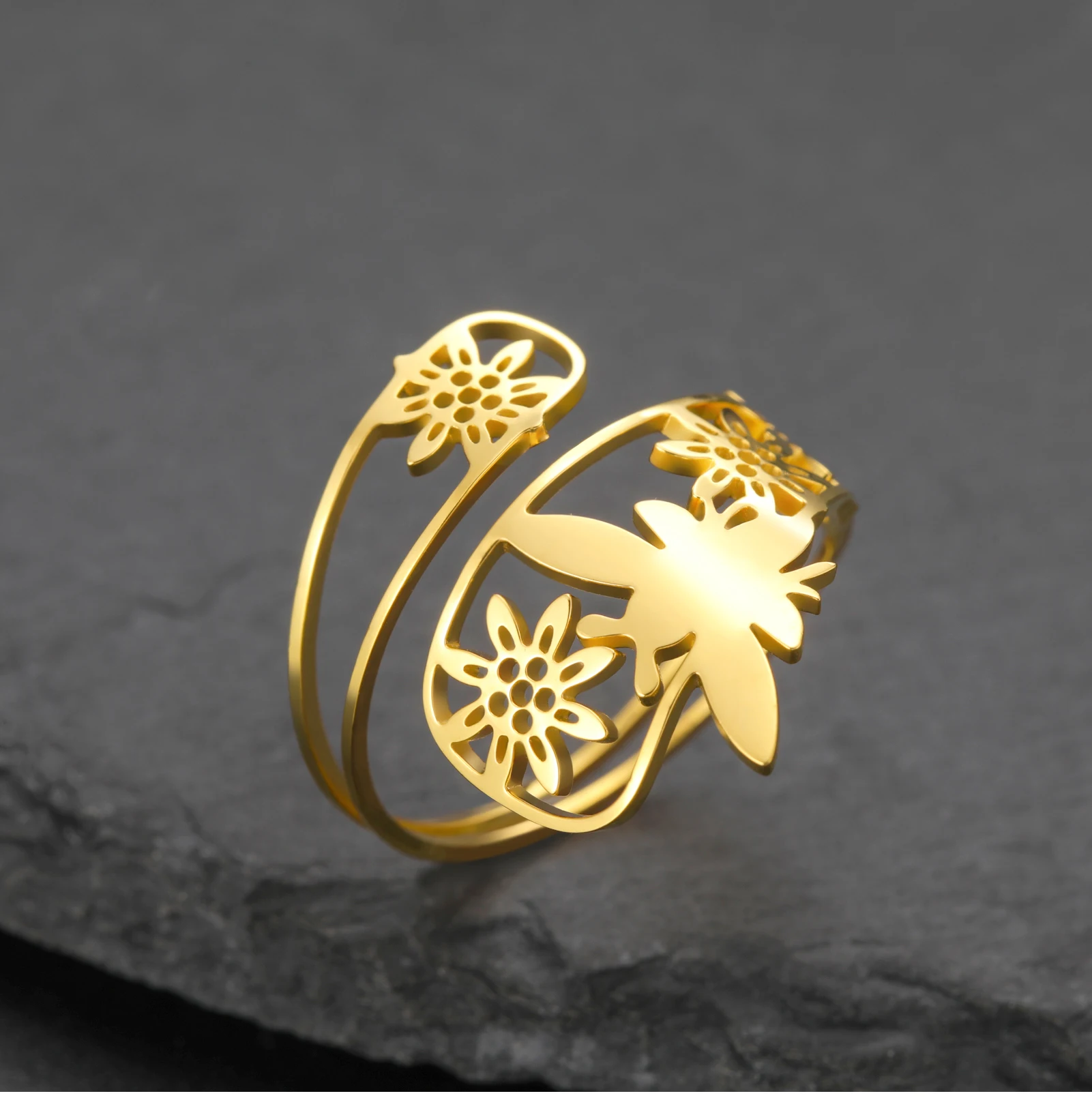 Daisy Flower Butterfly Tree of Life Fashion Open Adjustable Ring Stainless Steel Women's Day Gift