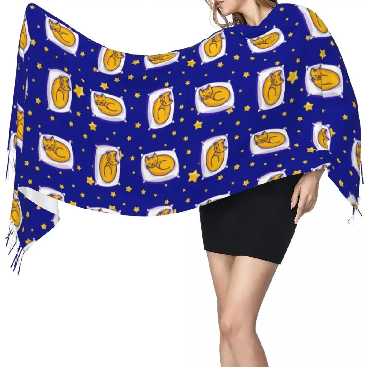 Bonito dormindo gengibre gato e estrelas no céu claro cachecol de inverno xales envoltório feminino masculino quente bufanda borla cachecóis