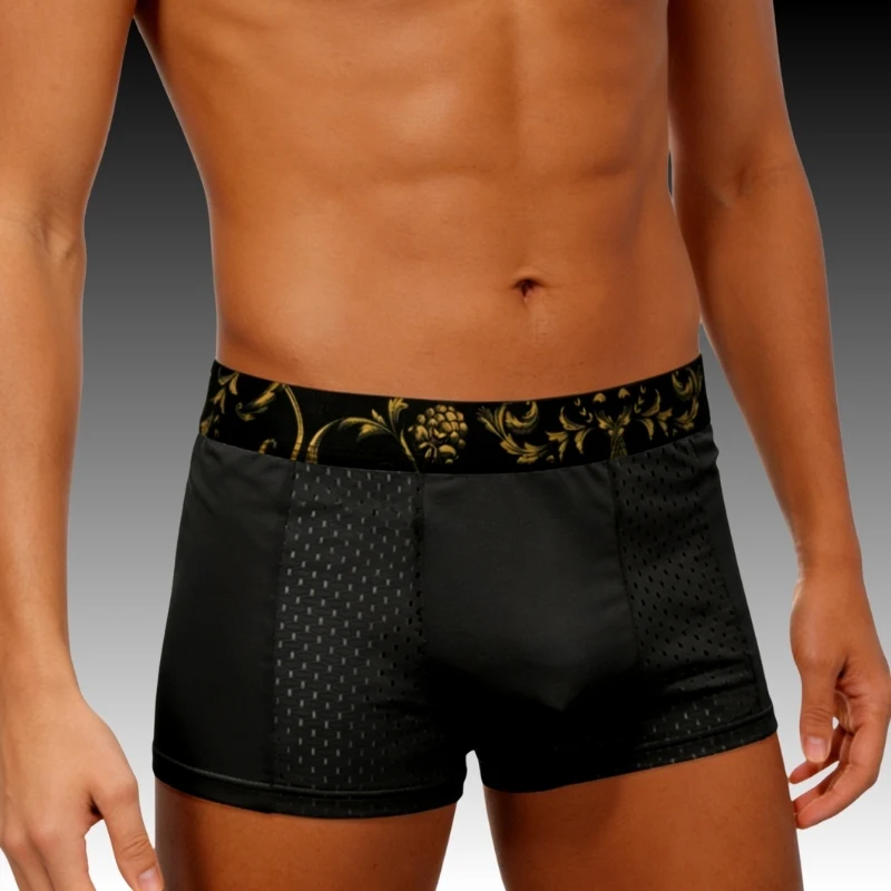 1PC Men's Boxer Briefs - Black & Gold Waistband Breathable Mesh Sweat-Wicking, Soft Comfortable Casual Daily Men Underwear